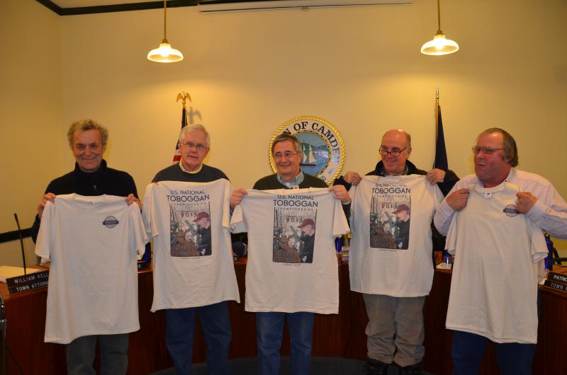 Camden’s Select Board gears up for the Toboggan Nationals, with this year’s T-shirt. (Photo by Lynda Clancy)