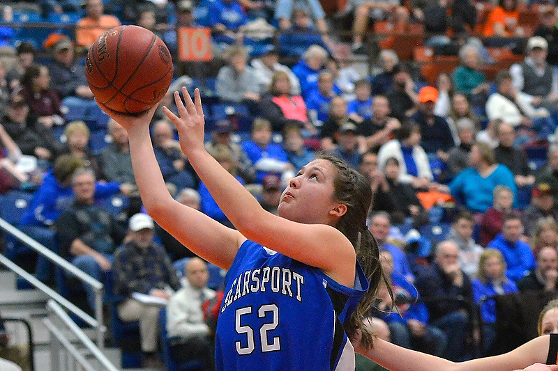 Searsport’s Melinda Ogden poured in a game high 21 points to lead the Vikings to a 49-35 win over No. 3 Forest Hills Tuesday at the Augusta Civic Center in quarterfinal action. (Photo By Ron Hawkes)