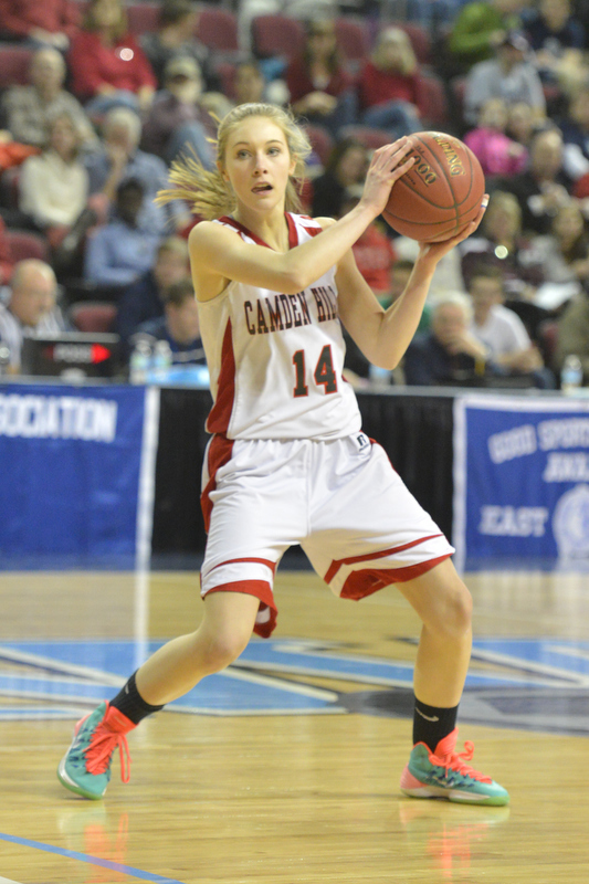 Camden’s Mara Dostie looks to pass the ball during the game Wednesday in Bangor. (Photo by Ron Hawkes)
