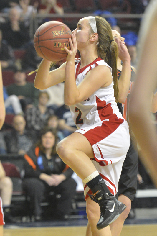 Camden’s Charlotte Messer goes up for two of her team high 17 points in Wednesday’s game in Bangor. (Photo by Ron Hawkes)