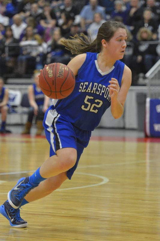 Searsport’s Melinda Ogden had four 3-pointers in the first half to give the Vikings the lead at the half, but they fell to Rangeley 39-35 in the end. (Photo by Ron Hawkes)