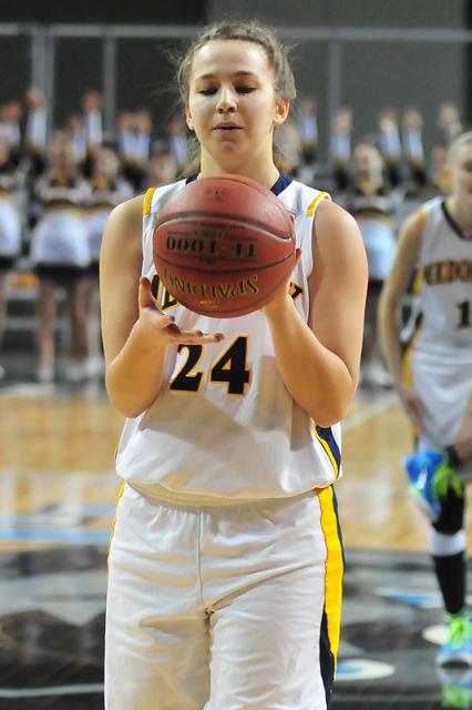 Medomak’s Hannah Heald takes a look at the ball before taking a free throw Friday night. (Courtesy of Skip Hawkes/mainesportsreport.com)