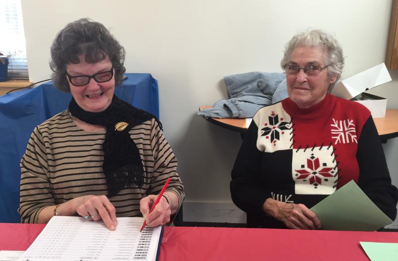 Ballot clerks Brenda Richardson and Fay Doucette, in Rockport, Feb. 10. The voting took place in the Richardson Room at the Rockport Town Office. That room is named in honor of Brenda, who was town clerk for many years in Rockport. (Photo by Lynda Clancy)