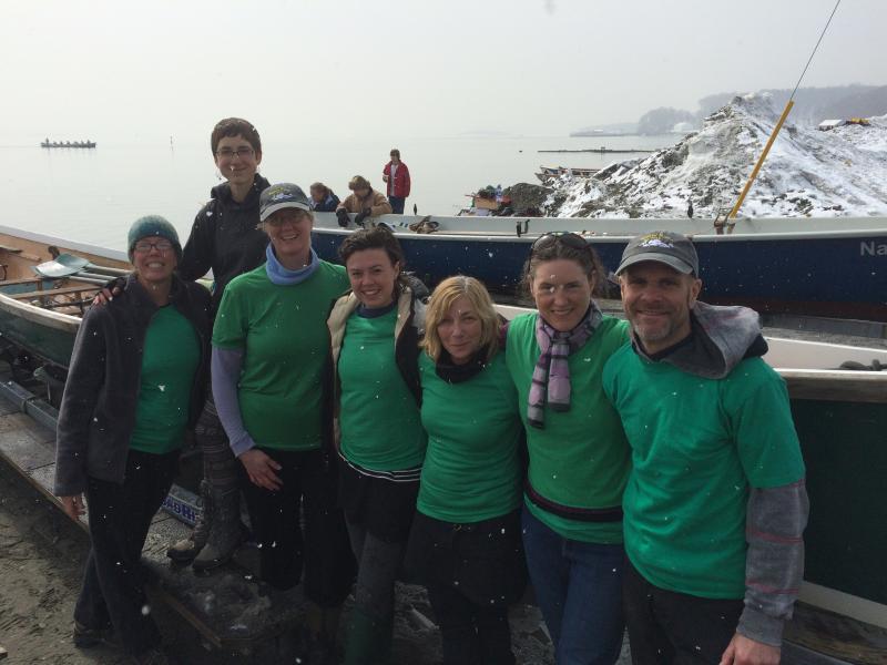 Women's team rowing the Selkie, from left: Amy Grant, Hannah Kreitzer, Tracy Cunning, Edith Gawler, Susan Orsato, Monica Piccinini, and Coxswain Roy Rodgers. (Courtesy Come Boating!)