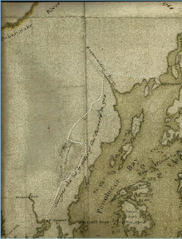 This map of the Midcoast shoreline shows the route taken by the English soldiers in cutting a road in 1764. (Image courtesy of Harbour Mitchell)