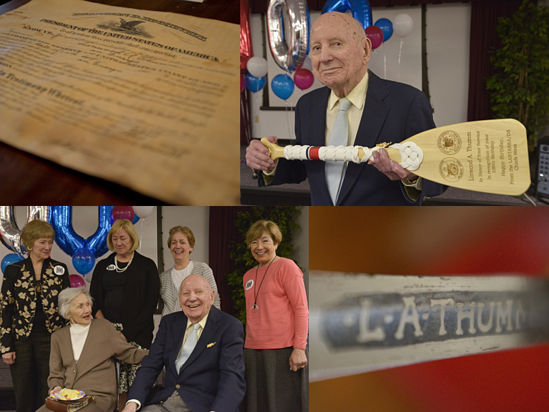 Clockwise from left, the official discharge certificate for Linwood ‘Tick’ Thumm, an officer in the U.S. Coast Guard during World War II; Linwood “Tick” Thumm displays a sword March 11, at his home in Norfolk, Va.; an engraved sword that was a gift to Thumm from his crew of an 83-foot Coast Guard Cutter at the end of World War II; and the Thumm family laughs at a joke told by the family patriarch at his 100-year birthday party March 26. (Courtesy U.S. Coast Guard)