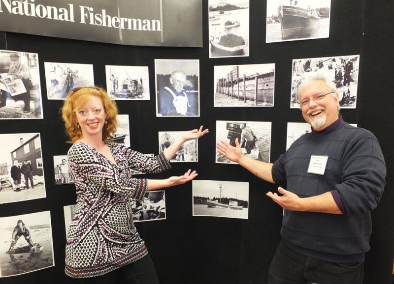 Kelly and Lincoln Bedrosian of National magazine display vintage fishing photos dating back to the 1940s. Out of Portland, Bedrosian said his magazine has file cabinets full of photos of the marine industry. (Photos by Chris Wolf)