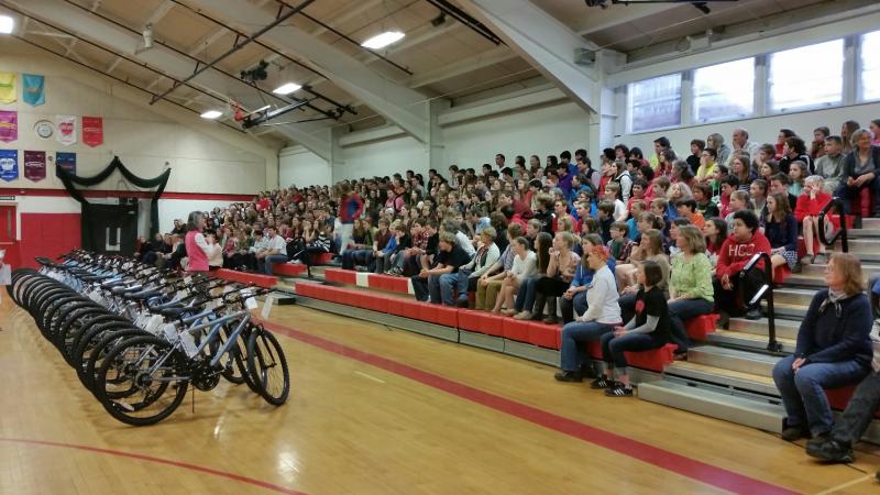 The 18 bikes donated by the Masons were perfectly aligned in front of the student assembly. (Photo by Sarah Shepherd)