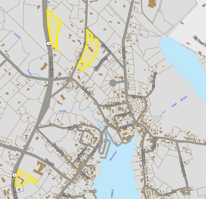 Maine Media Workshops + College received the properties at 49 Camden St., 71 Camden St., 52 Grove St., 242 Commercial St., and the vacant land adjacent to the college connecting it to Route 1. (All parcels in yellow.) (Map courtesy town of Rockport)