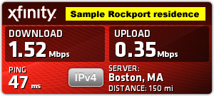 The rates of transmission in one Rockport home, hooked to the Internet via telephone wire and Ethernet cable to router/modem.
