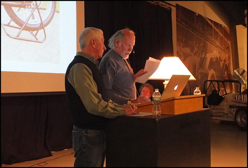 Charlie Vincent (left) and Jack Churchill lead the conversation on racing motorcycles on the Isle of Man. The fourth and final program presented by the Owls Head Transportation Museum in its Quest for Speed exhibition. (Photos by Chris Wolf)