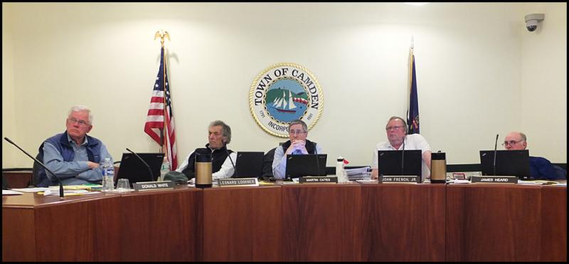 Camden Select Board at Tuesday night’s meeting, from left, Don White, Leonard Lookner, chairman Martin Cates, John French and Jim Heard. (Photo by Chris Wolf)