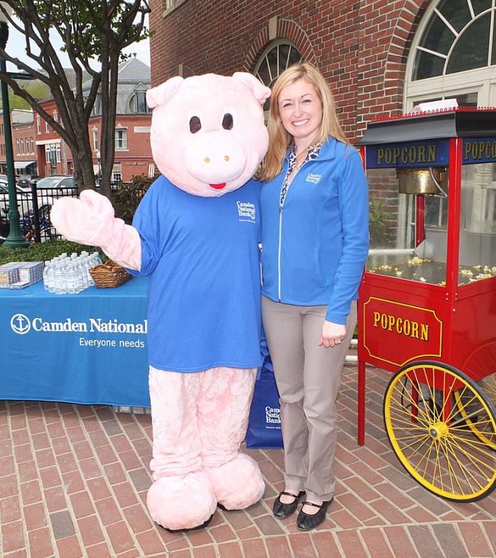 Penny the Pig (Misty Seekins) with Jody Landrith of Camden National Bank.