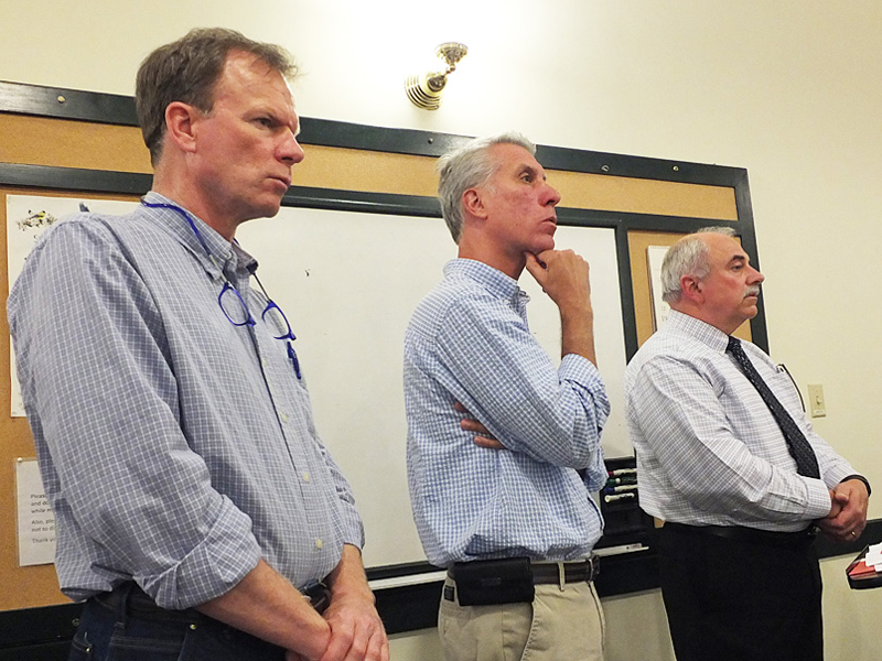 From left, Camden Snow Bowl General Manager Landon Fake, Gartley and Dorsky President Will Gartley and Ledgewood President Peter J. Pelletier appear before the Camden Select Board May 19 to talk about Phase 2 of the Ragged Mountain Redevelopment Project, due to start Tuesday, May 26, the day after Memorial Day. (Photo by Chris Wolf)