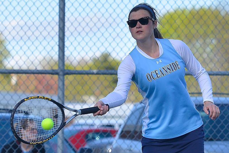 Oceanside’s Emily Gould almost pulled out the match for the Mariners taking her opponent to a third set before falling. Lincoln Academy won the match 3-2. (Photo by Ron Hawkes)