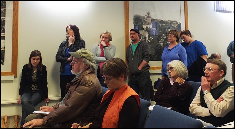 Rockland residents line up to await their turn at the podium Friday as the city council debated to reconsider their vote to turn down Rockland Energy Center’s request to locate a facility on city-owned property. It took almost two hours of public forum and a question and answer session to satisfy those attending. (Photos by Chris Wolf)
