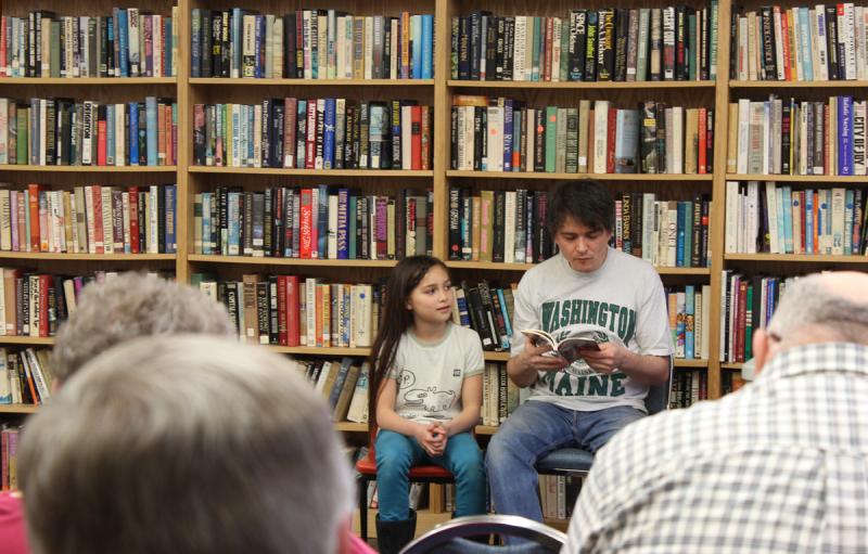 J.E. and Malaya read from Snotgrass at Gibbs Library in Washington, Maine, where he grew up. (Photo courtesy of Demesa at Gibbs Library)