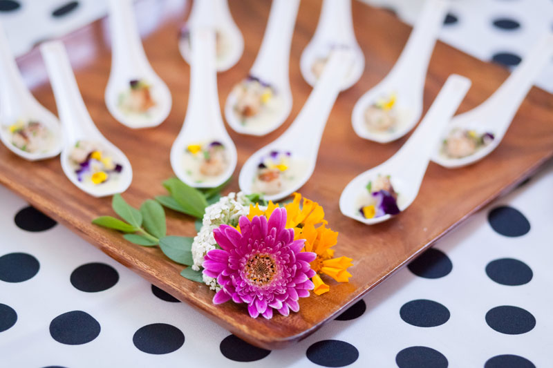 Trillium Caterers made extravagant bites such as seared scallops in a buerre blanc sauce with edible flowers. (Photo courtesy 5iveLeaf Photography)