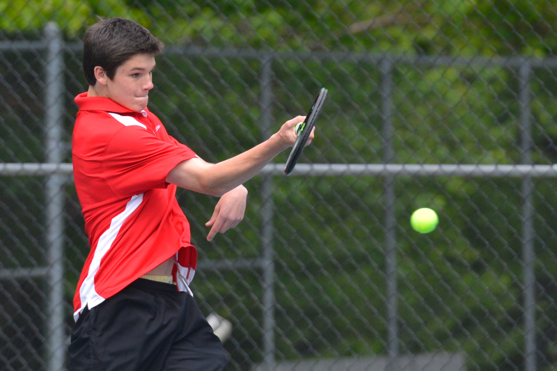 Camden’s Matt Morse returns a serve during his No. 3 singles match Wednesday. Morse’s win gave the Windjammers the match who went on to win 4-1 over Presque Isle. (Photo by Ron Hawkes)