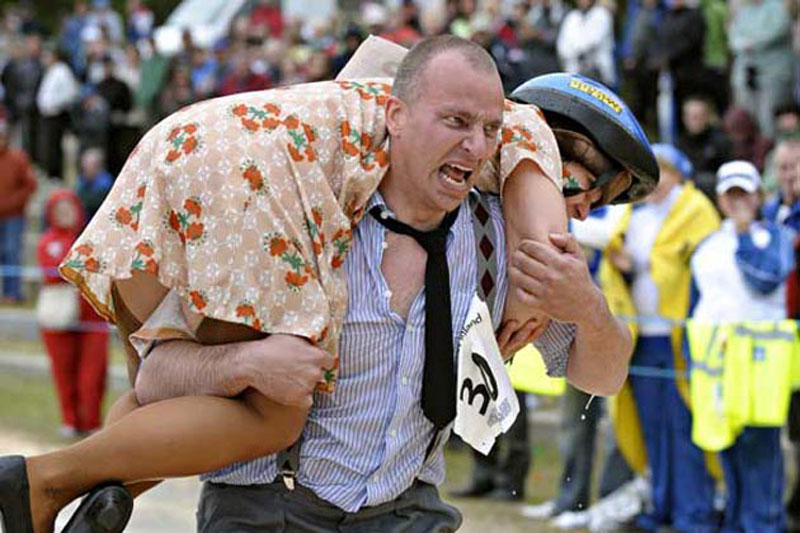 During the Knox Museum’s Midsummer at The Museum Wife-Carrying Race, look for the classic Fireman Technique. (Photo courtesy Sunday River North American Wife Carrying Championship)