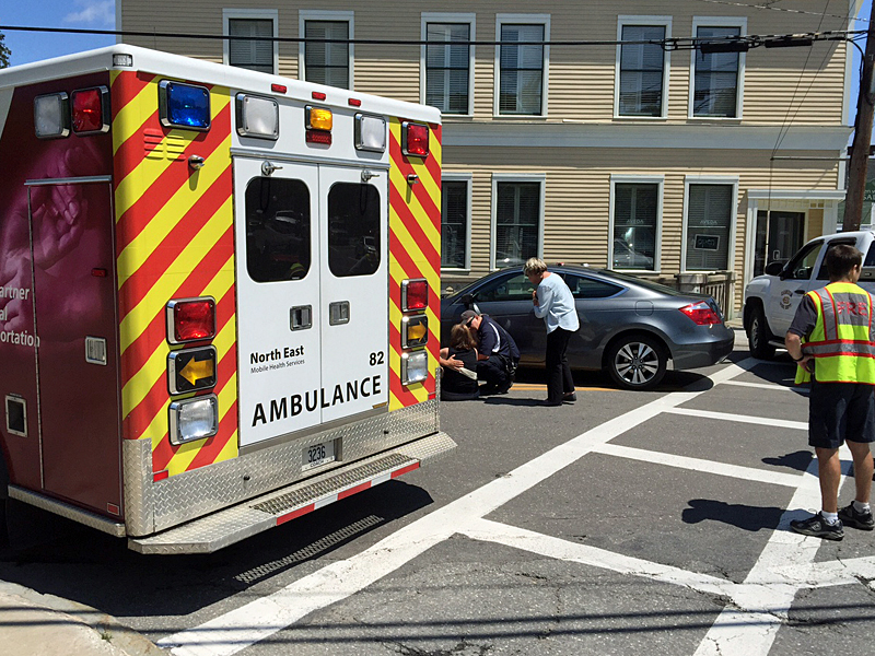 Berylann Johnson of Lincolnville was turning left, from Mechanic Street onto Washington Street, when her car hit and knocked down a pedestrian Monday around noon. (Photo by Holly S. Edwards)