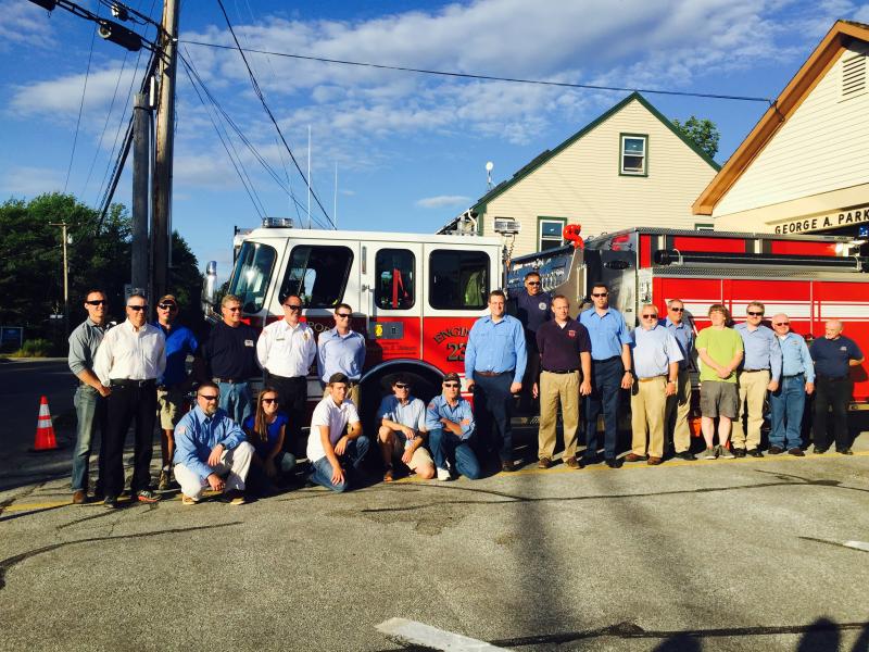 The Rockport Fire Department, standing, from left to right: Ian Robertson, Deputy Fire Chief Todd Philbrook, Michael Robertson, Phil Brown, Chief Jason Peasley, Levi Rollins, Neil Bartley, John Sylvester, John Wickenden, Justin Ford, Allen Mitchell, Mike Eaton, Lt. Charles Pearson, Lt. William Lane, Chief Bruce Woodward and Charles Knight. Kneeling in front: Lt. David Leighton, Sam Leighton, Tyler Leighton, Lt. Greg Rollins and Michael Callaway. (Photo by Lynda Clancy)