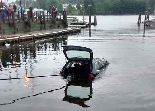 The Volkswagen station wagon was completely submerged in Belfast Harbor. (Photo courtesy Sgt. Matthew Cook, Belfast Police Department)