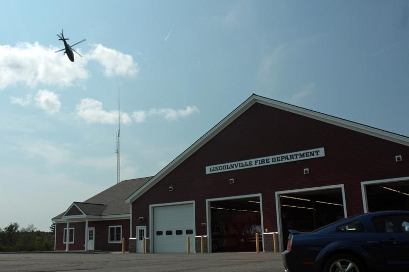 A LifeFlight of Maine helicopter flies over Lincolnville Fire Department Aug. 30. (Photo by Holly S. Edwards)