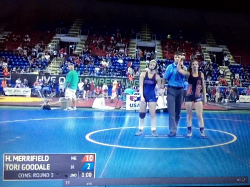 From the JumboTron in Fargo when Hilary Merrifield got her first win at the tournament. (Photo courtesy of Cathy-Jo Tooley Dodge).