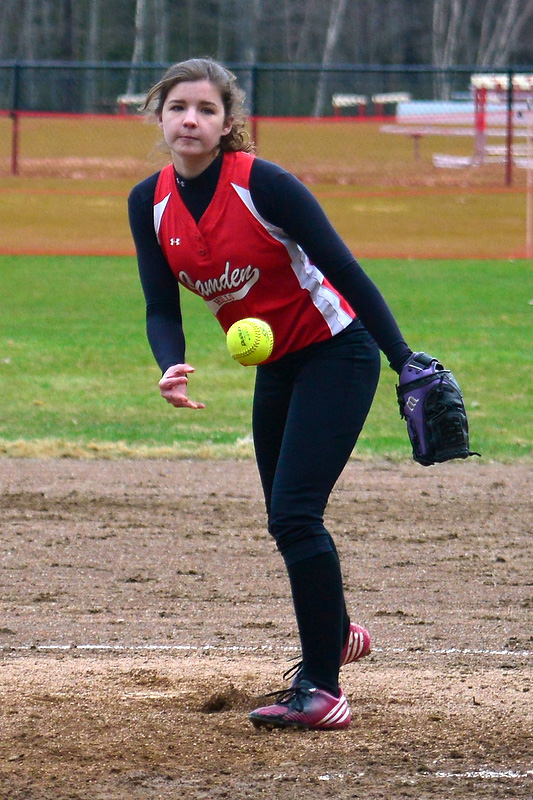 Hillary Merrifield is also a top notch player on the Camden Hills softball team where she is a pitcher. (Photo by Ron Hawkes)