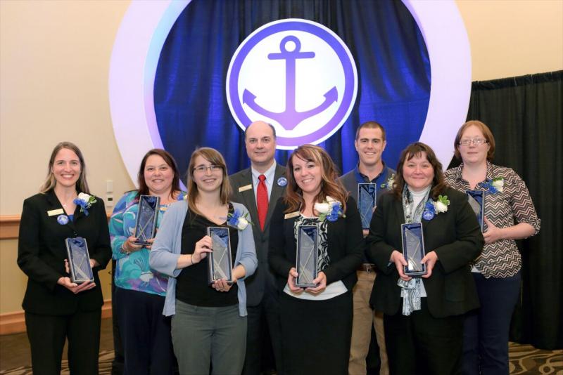 This year’s Camden National employee award recipients with Greg Dufour, president and chief executive officer of Camden National Bank, at the company’s Employee Appreciation Event in Bangor. Pictured left to right: Kim Ratner, Trenna Bragg, Olivia Seibel, Dufour, Tiffani Davis, Josh Wing, Samantha Helander, and Angela Bishop.