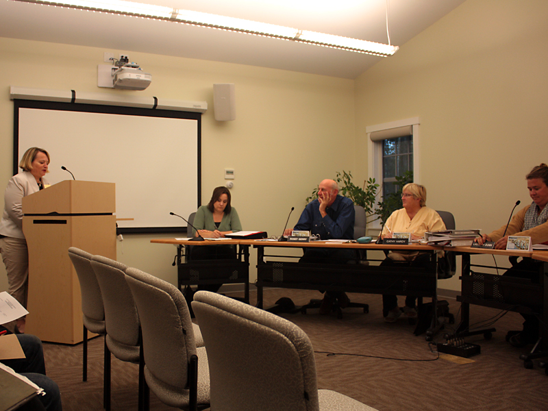 Lincolnville resident Dorothy Havey, who is special assistant to the Office of the Senate President, addresses the Lincolnville Board of Selectmen Monday night. (Photo by Holly S. Edwards)
