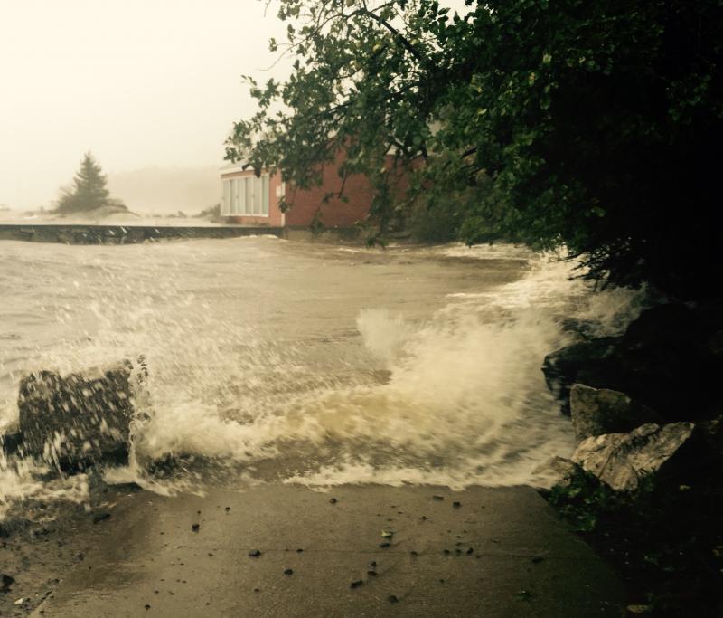 Goodie’s Beach, at Rockport, is underwater. (Photo by Lynda Clancy)