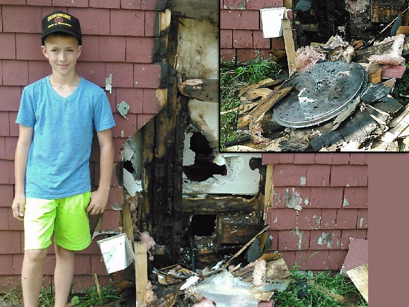 Quick-thinking Lincoln Graf,12, of Searsmont, stands by debris caused by a fire he extinguished at his house Wednesday afternoon. Inset: The aluminum pot lid that is thought to have caused the fire when sun beating on it reflected onto the cedar shingles and caught fire. (Courtesy Searsmont Fire Department)
