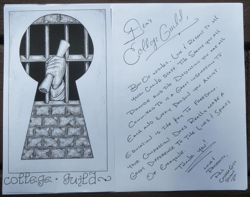 The symbol used by College Guild was designed by Paul, a College Guild student. The note included reads: ‘Dear College Guild, Best of wishes, love & respect to all your caring staff. The service you all provide and the dedication you are all committed to is a great inspiration to each and every person you assist. Education is the key to freedom. Your compassion does really make a difference to the lives and spirits of everyone. Thank you!! Love & Prosperity, Paul - College Guild Student.‘