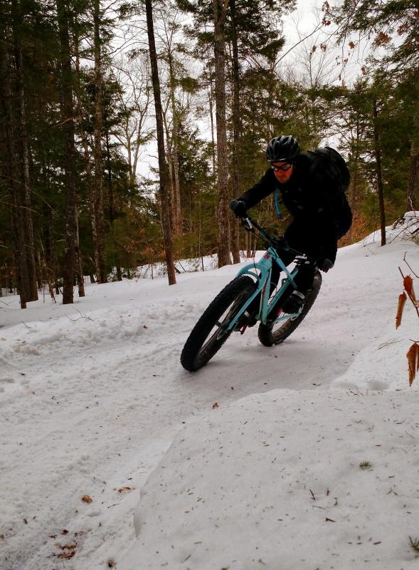 The tires on a fat bike, so named because the tires really are fat, can really help you carve your way without washing out. (Photo by Blaine Curtis)