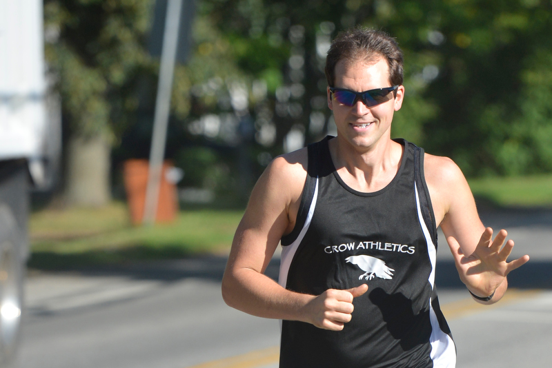 Waldoboro’s Darren Winchenbach was the winner of the Whisker Walk 5k Saturday morning. (Photo by Ron Hawkes)