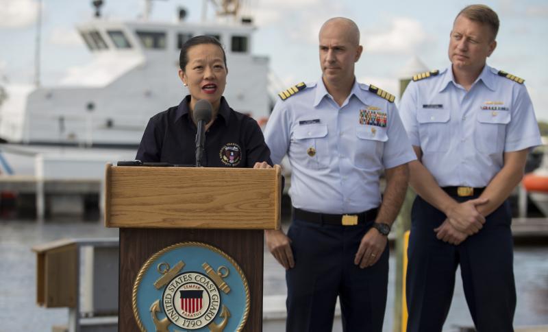 Vice Chairman Bella Dinh-Zarr and Coast Guard officials brief the media Oct. 7 in Miami, Fla., on the loss of container ship El Faro. (Courtesy NTSB)
