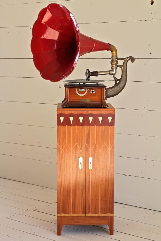Antique gramophone sitting atop one of Blanchard’s custom made stands. (Photo courtesy Virginia Blanchard)