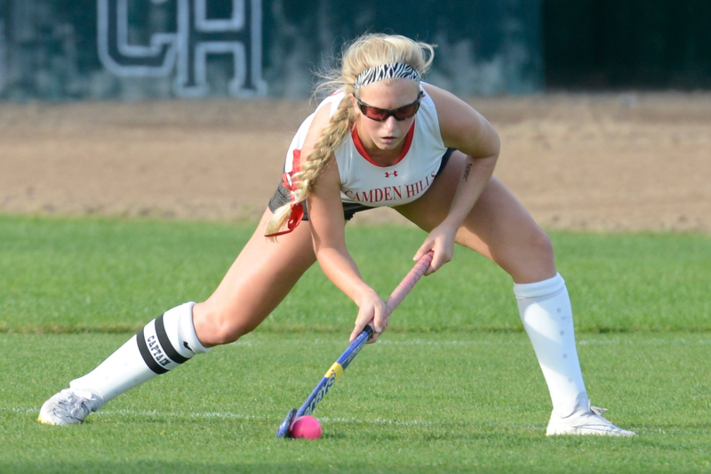 Camden Hills Willow Grinnell gets set to send the ball across the goal. (Photo by Ron Hawkes)