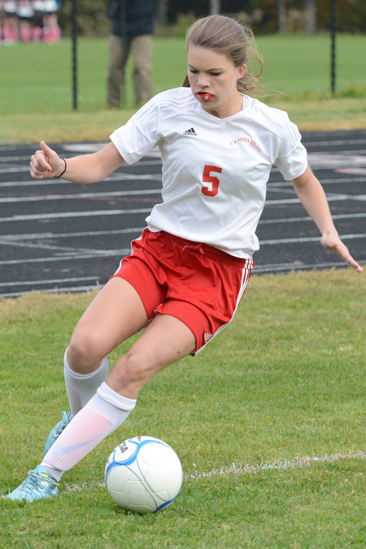 Camden Hills Bryn Anderson gets control of the ball during the varsity girls soccer game. (Photo by Ron Hawkes)