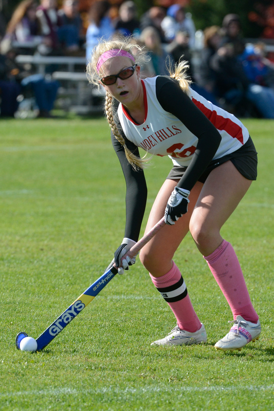 Camden Hills Willow Grinnell looks to take a shot on goal in the second half. (Photo by Ron Hawkes)