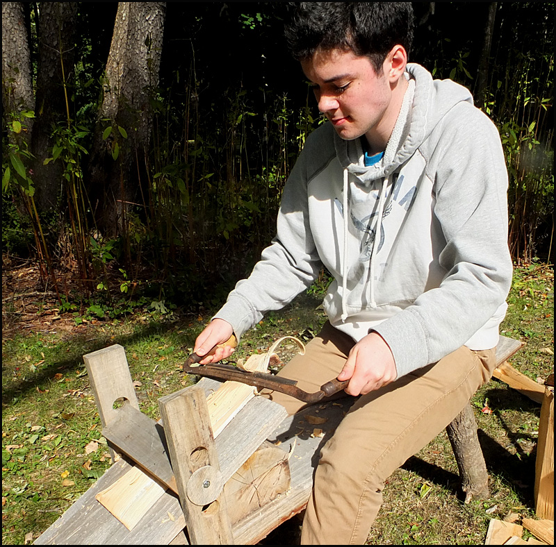 Tyler Bilodeau shows how to shave a shingle using a foot vise.