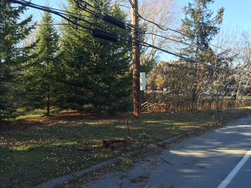 A vehicle struck a utility pole on Route 1 and severed it in half which caused it to be suspended by the wires. Photo courtesy of Rockport Fire Department