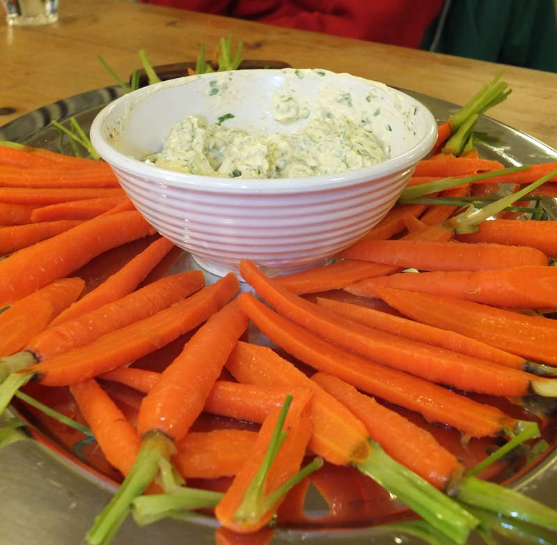 Blanched carrots with dip.