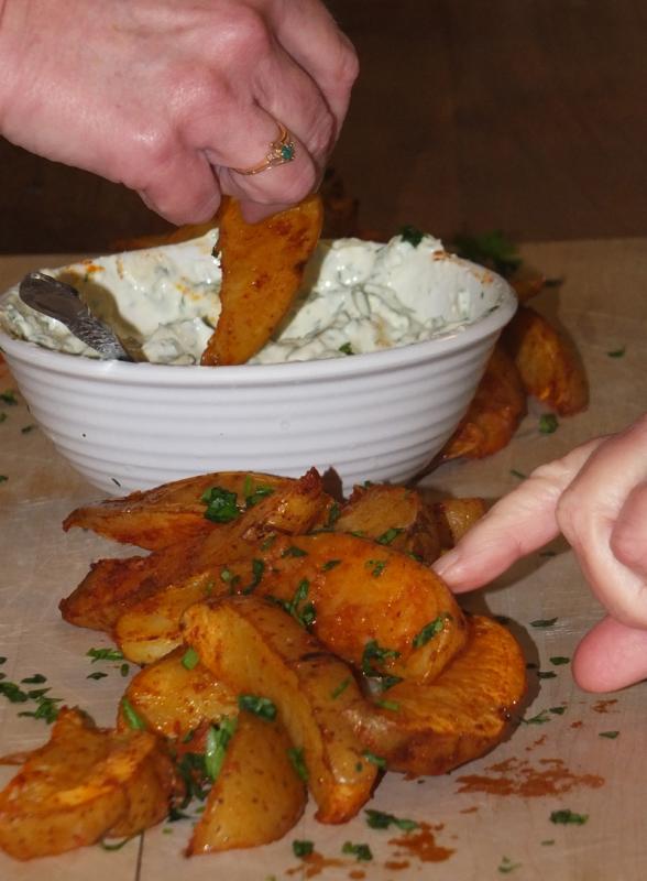 Roasted potatoes with dip.