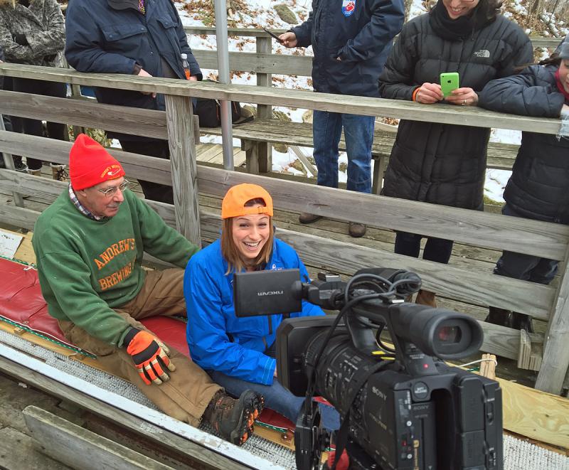 Toboggan racer Andy Hazen and WLBZ 2 sports reporter Jessica Gagne. (Photo by Holly S. Edwards)