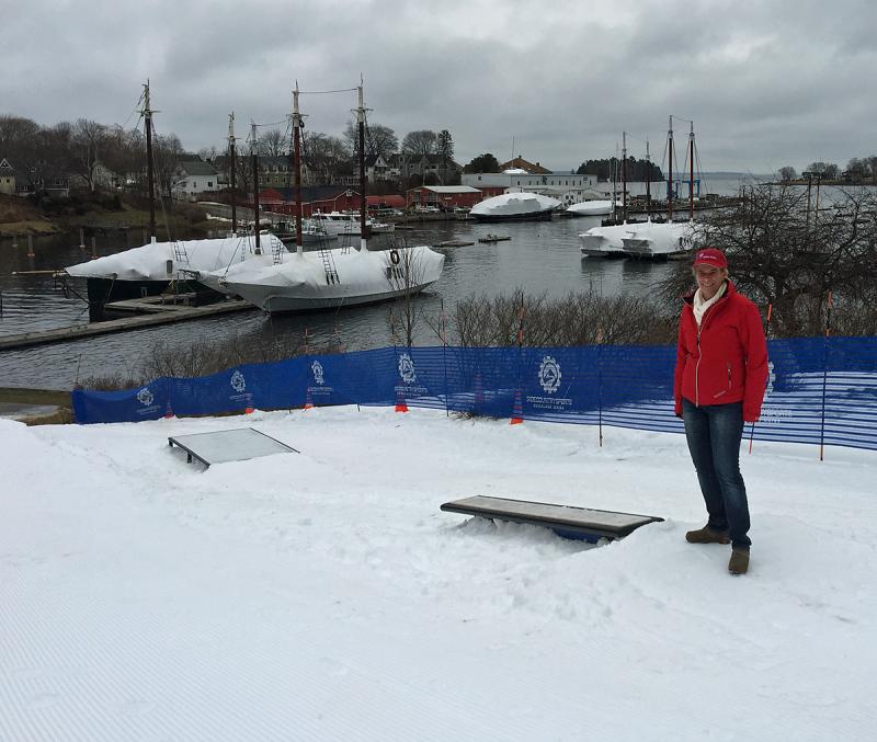 Media Day also provided an opportunity to check out the rails set up downtown at Harbor Park, where Winterfest Committee member Karen Brace stood by for interviews. (Photo by Holly S. Edwards)