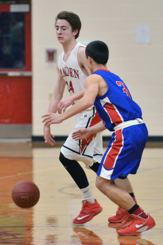 Camden’s Devin Vangel, left, works to get past Mt. Ararat’s Cam Cox. (Photo by Ron Hawkes)