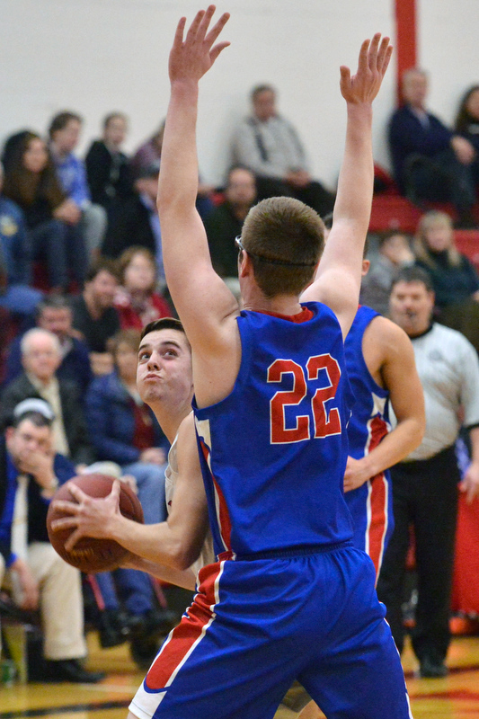 Mt. Ararat’s Zach Garvey plays good defense against Camden’s Dalton Oakes. (Photo by Ron Hawkes)